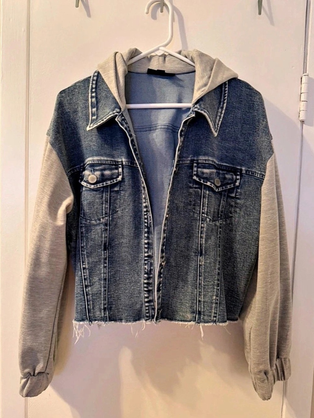 INC International Concepts Hooded Denim Jacket Gray Sleeves Size Large